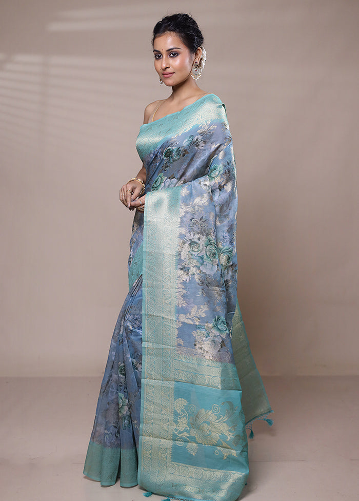 Blue Organza Saree With Blouse Piece