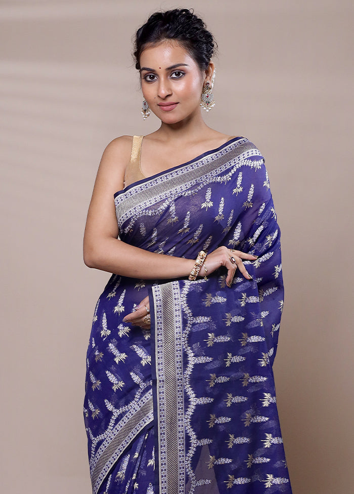 Blue Kora Silk Saree With Blouse Piece