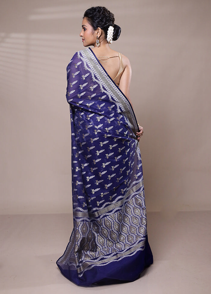 Blue Kora Silk Saree With Blouse Piece