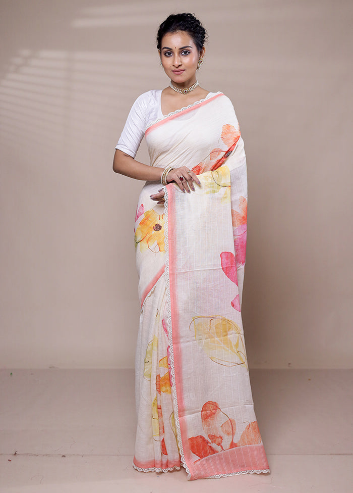 Cream Linen Silk Saree With Blouse Piece