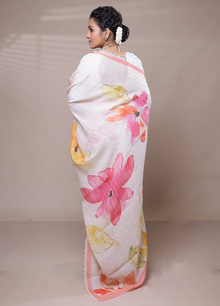 Cream Linen Silk Saree With Blouse Piece