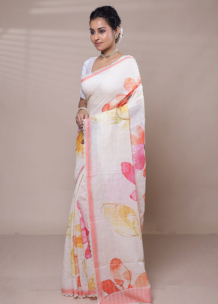 Cream Linen Silk Saree With Blouse Piece