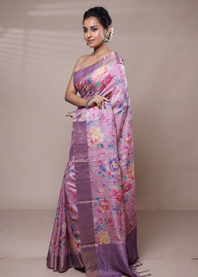 Pink Handloom Tussar Pure Silk Saree With Blouse Piece