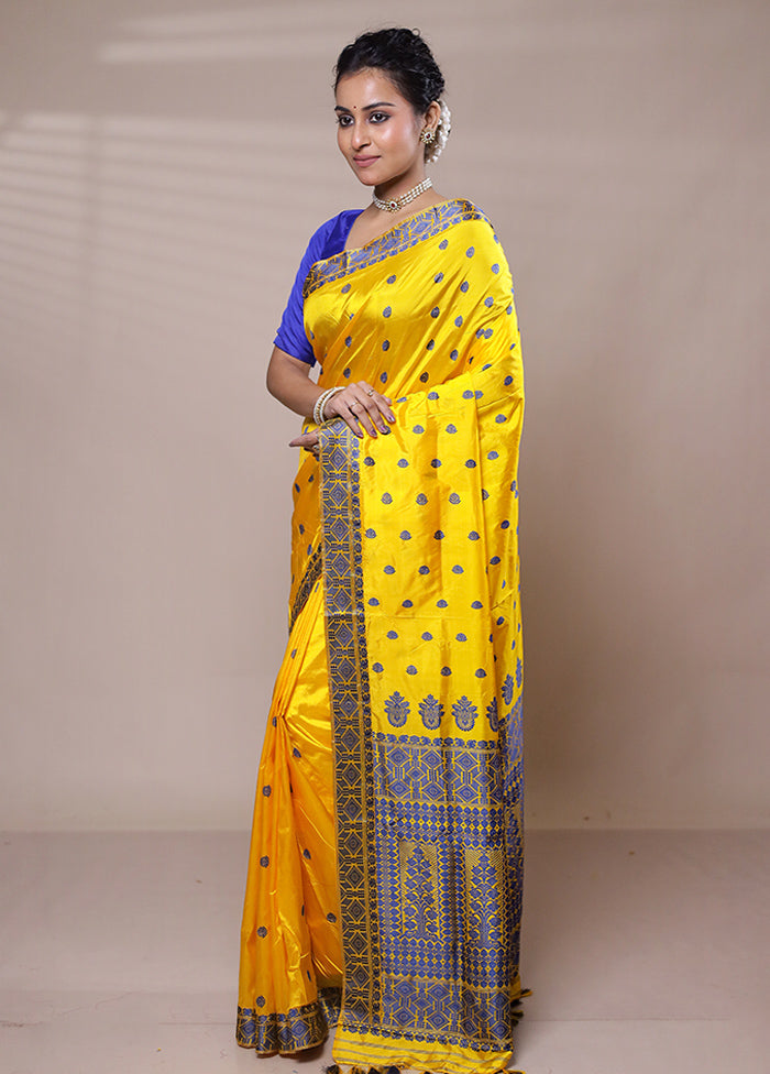 Yellow Handloom Assam Pure Silk Saree With Blouse Piece