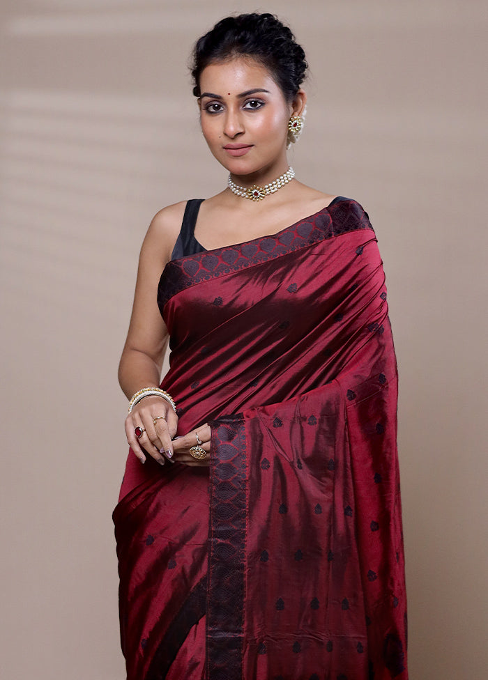 Maroon Handloom Assam Pure Silk Saree With Blouse Piece