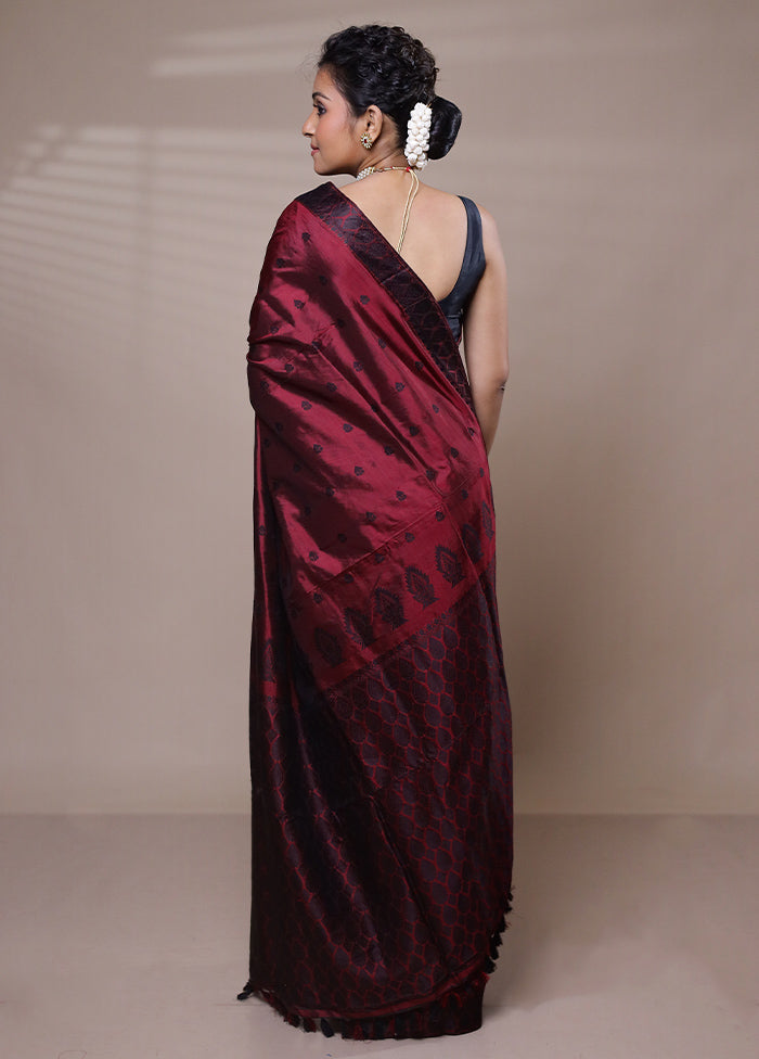 Maroon Handloom Assam Pure Silk Saree With Blouse Piece