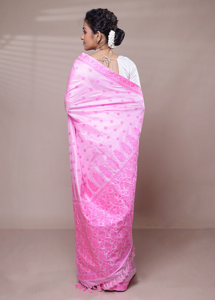 Pink Handloom Assam Pure Silk Saree With Blouse Piece