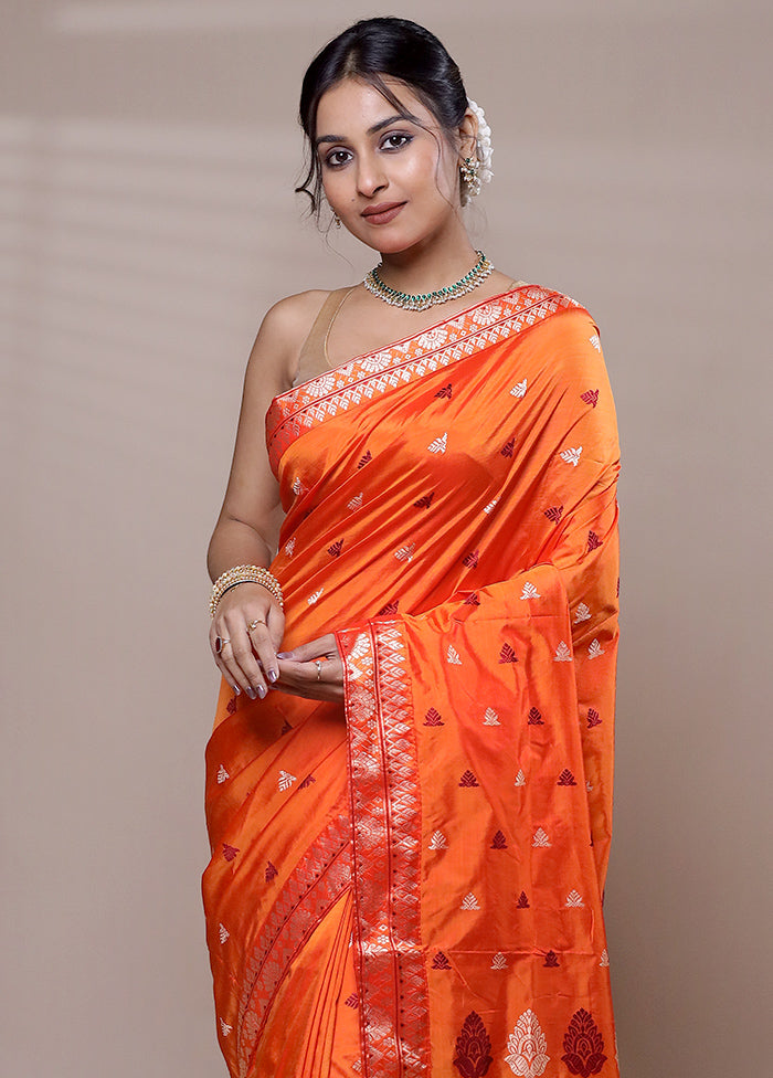 Orange Handloom Assam Pure Silk Saree With Blouse Piece