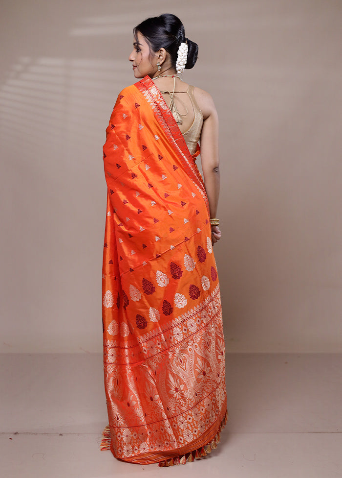 Orange Handloom Assam Pure Silk Saree With Blouse Piece