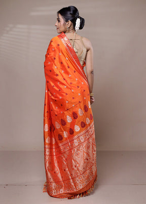 Orange Handloom Assam Pure Silk Saree With Blouse Piece