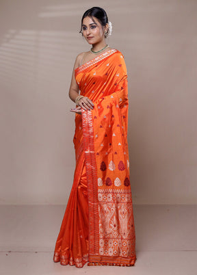 Orange Handloom Assam Pure Silk Saree With Blouse Piece