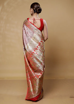 Rust Handloom Tanchoi Pure Silk Saree With Blouse Piece