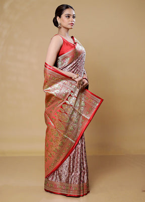 Rust Handloom Tanchoi Pure Silk Saree With Blouse Piece