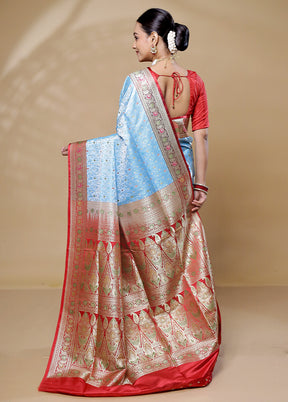 Blue Handloom Tanchoi Pure Silk Saree With Blouse Piece