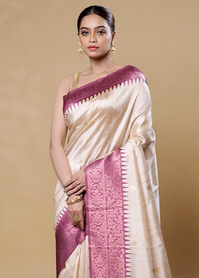 White Tussar Silk Saree With Blouse Piece