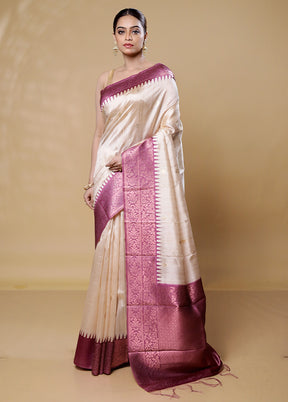 White Tussar Silk Saree With Blouse Piece