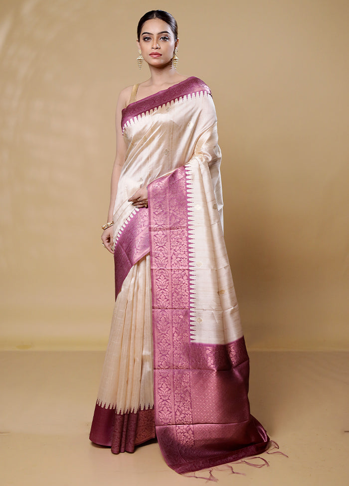 White Tussar Silk Saree With Blouse Piece