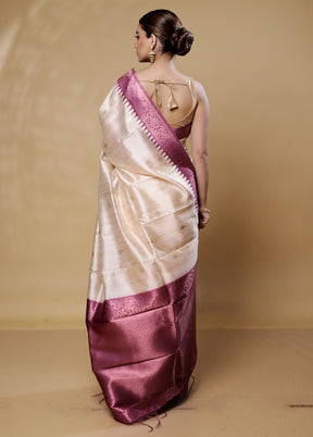 White Tussar Silk Saree With Blouse Piece