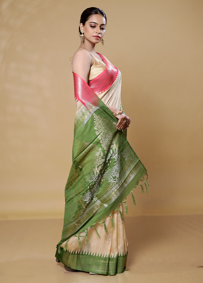 White Tussar Silk Saree With Blouse Piece