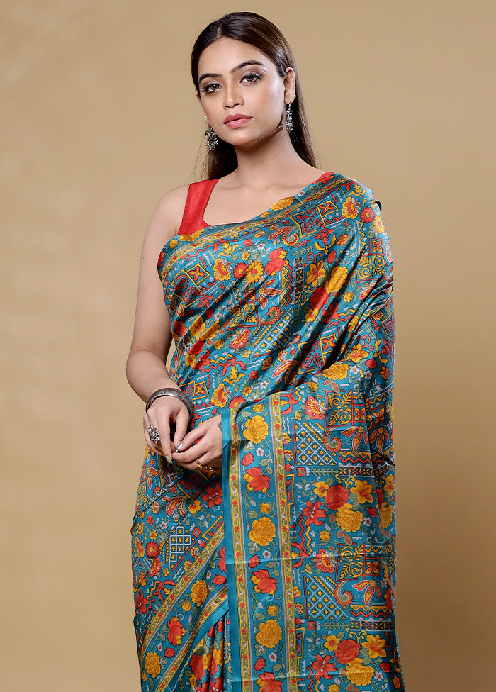 Blue Printed Pure Silk Saree Without Blouse Piece