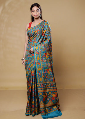 Blue Printed Pure Silk Saree Without Blouse Piece