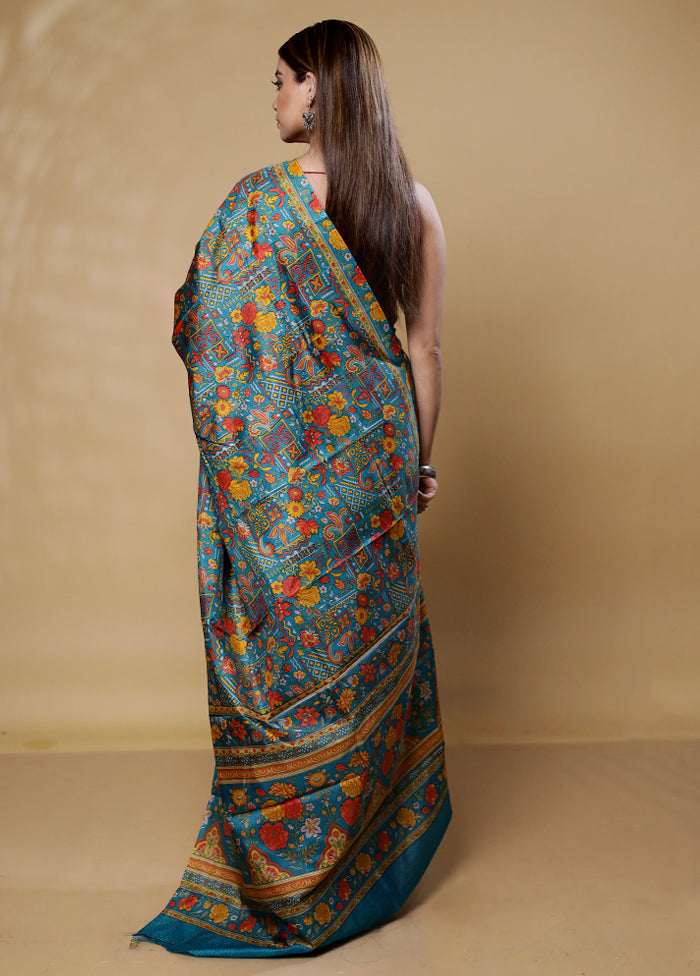 Blue Printed Pure Silk Saree Without Blouse Piece