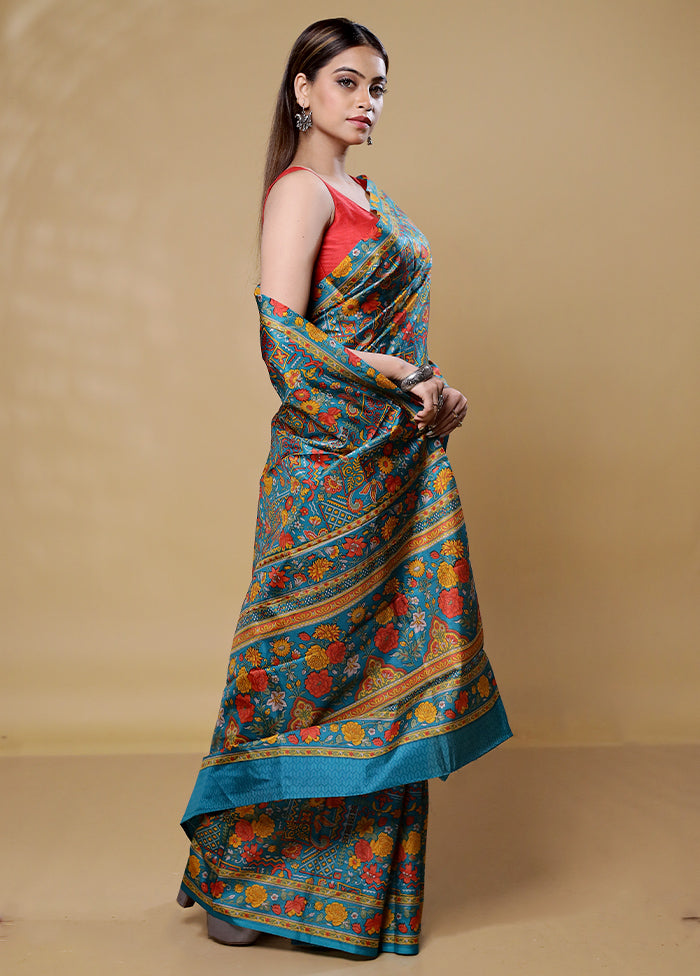 Blue Printed Pure Silk Saree Without Blouse Piece