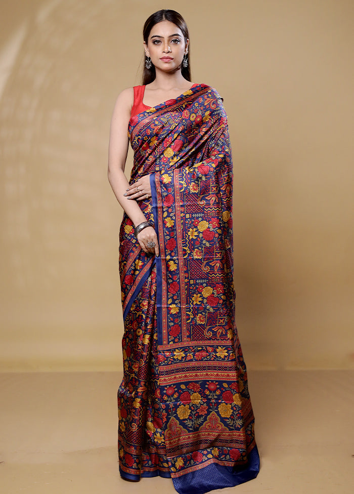 Blue Printed Pure Silk Saree Without Blouse Piece