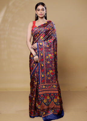 Blue Printed Pure Silk Saree Without Blouse Piece