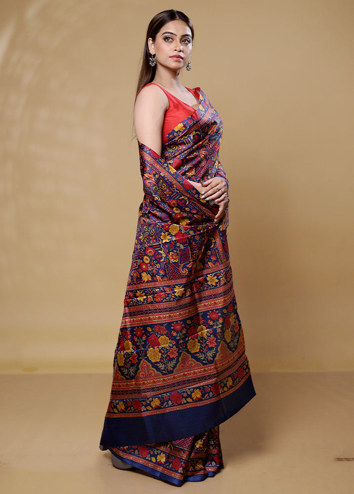 Blue Printed Pure Silk Saree Without Blouse Piece