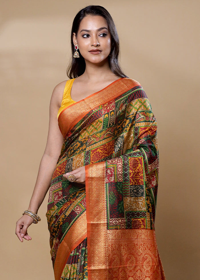 Yellow Printed Pure Silk Saree With Blouse Piece