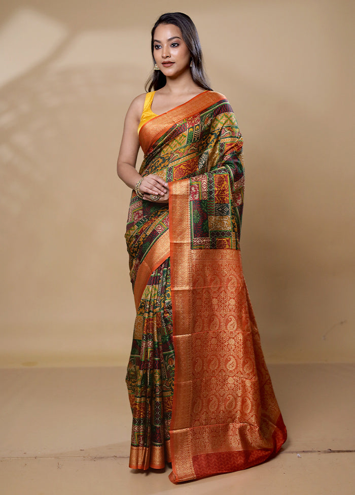 Yellow Printed Pure Silk Saree Without Blouse Piece