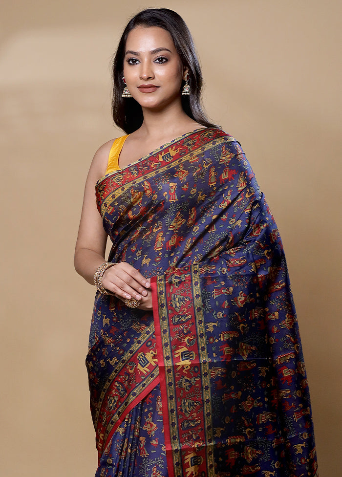 Blue Printed Pure Silk Saree Without Blouse Piece