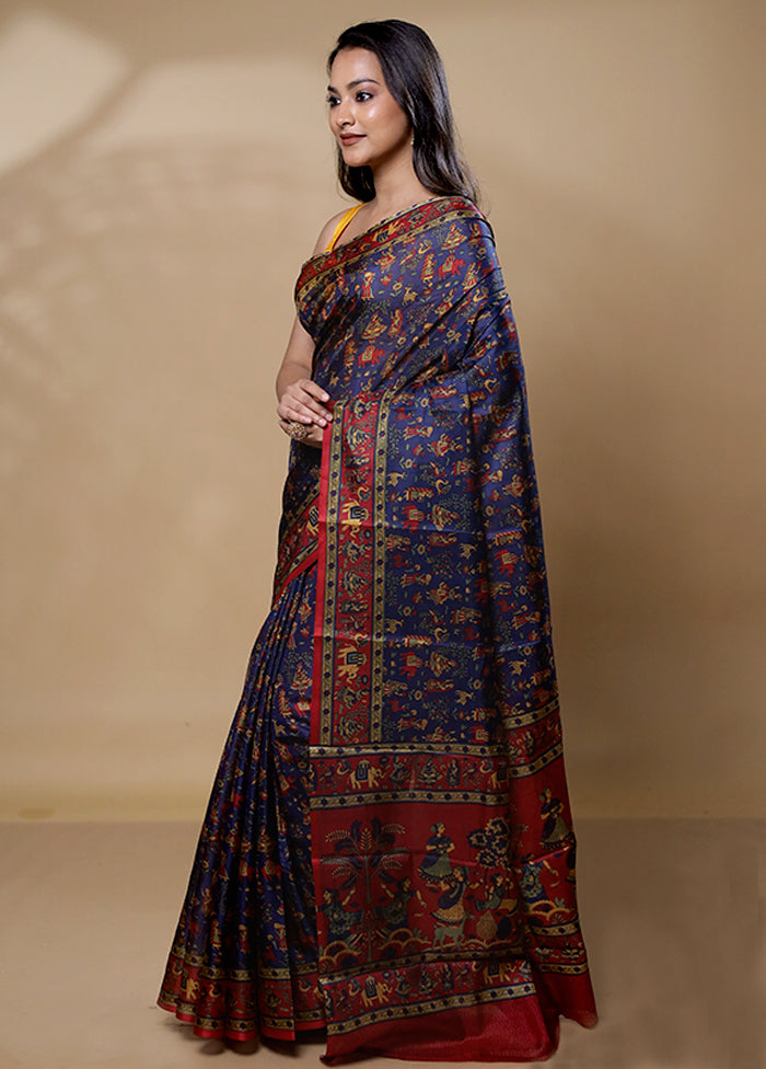 Blue Printed Pure Silk Saree Without Blouse Piece