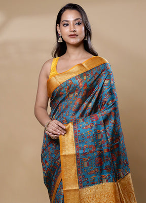 Blue Printed Pure Silk Saree Without Blouse Piece