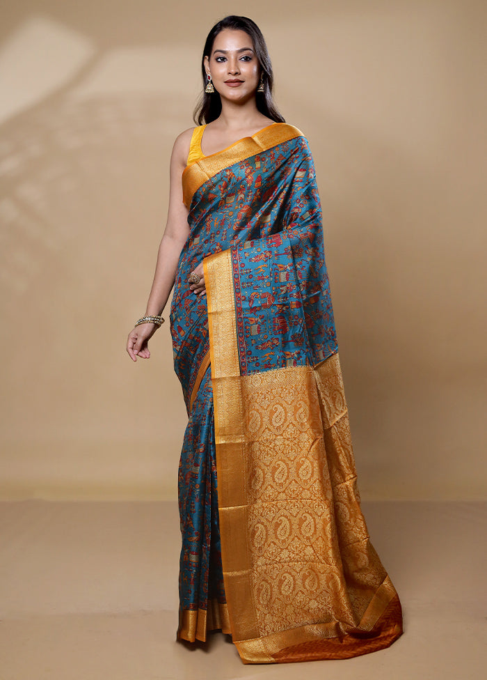 Blue Printed Pure Silk Saree Without Blouse Piece