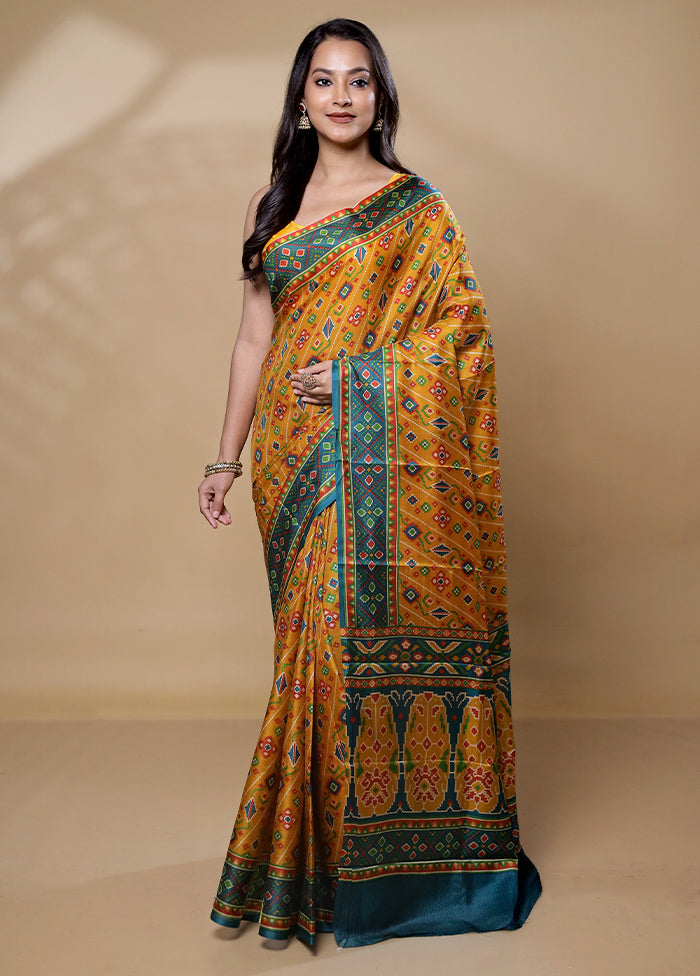 Yellow Printed Pure Silk Saree Without Blouse Piece