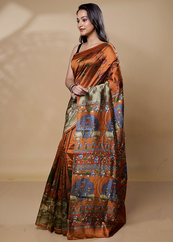 Rust Printed Pure Silk Saree Without Blouse Piece