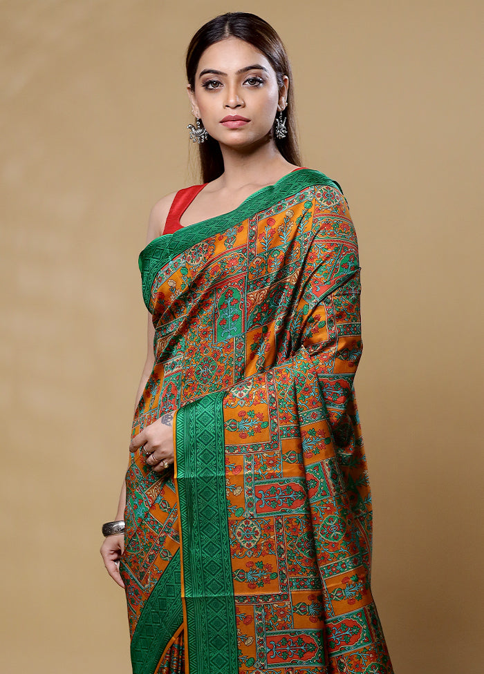 Green Printed Pure Silk Saree Without Blouse Piece