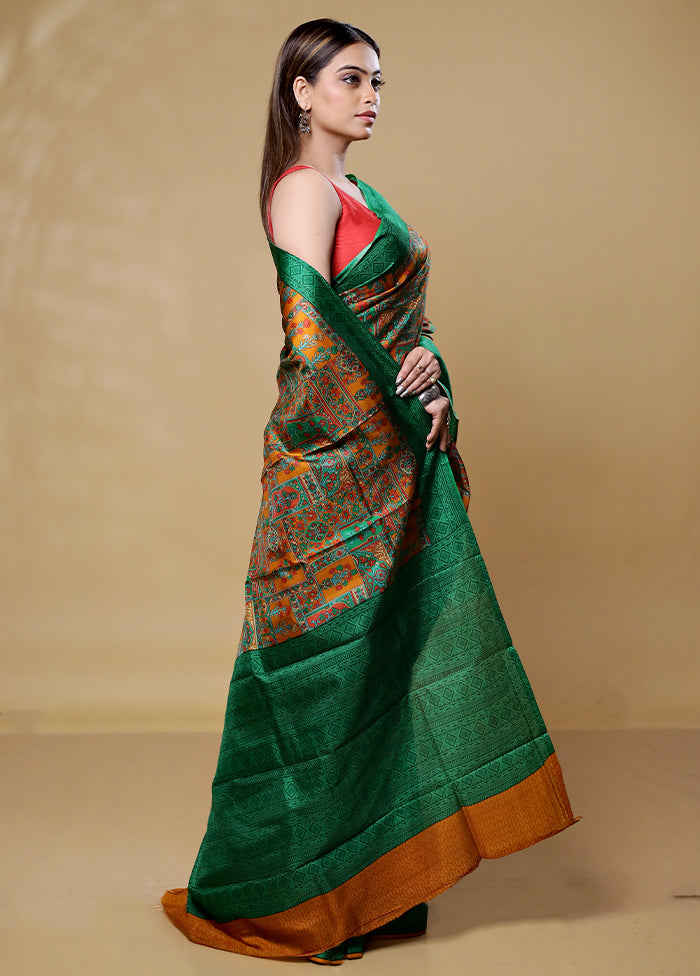 Green Printed Pure Silk Saree Without Blouse Piece