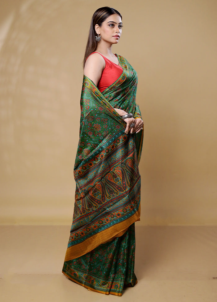 Green Printed Pure Silk Saree Without Blouse Piece