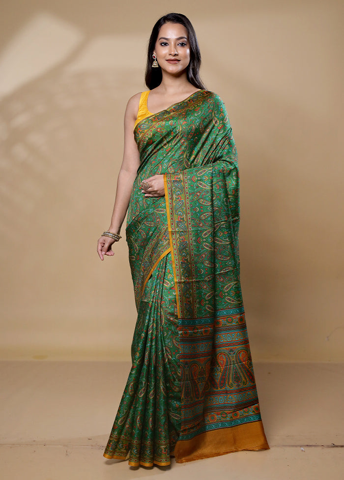 Green Printed Pure Silk Saree Without Blouse Piece