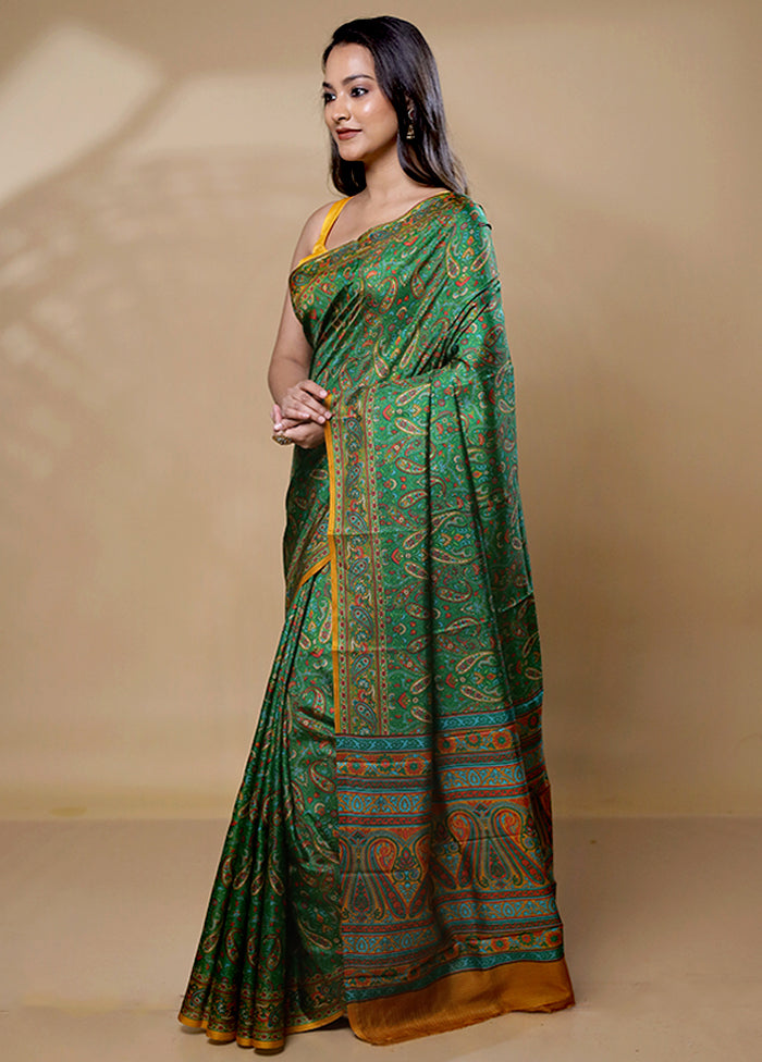 Green Printed Pure Silk Saree Without Blouse Piece