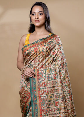 Cream Printed Pure Silk Saree Without Blouse Piece