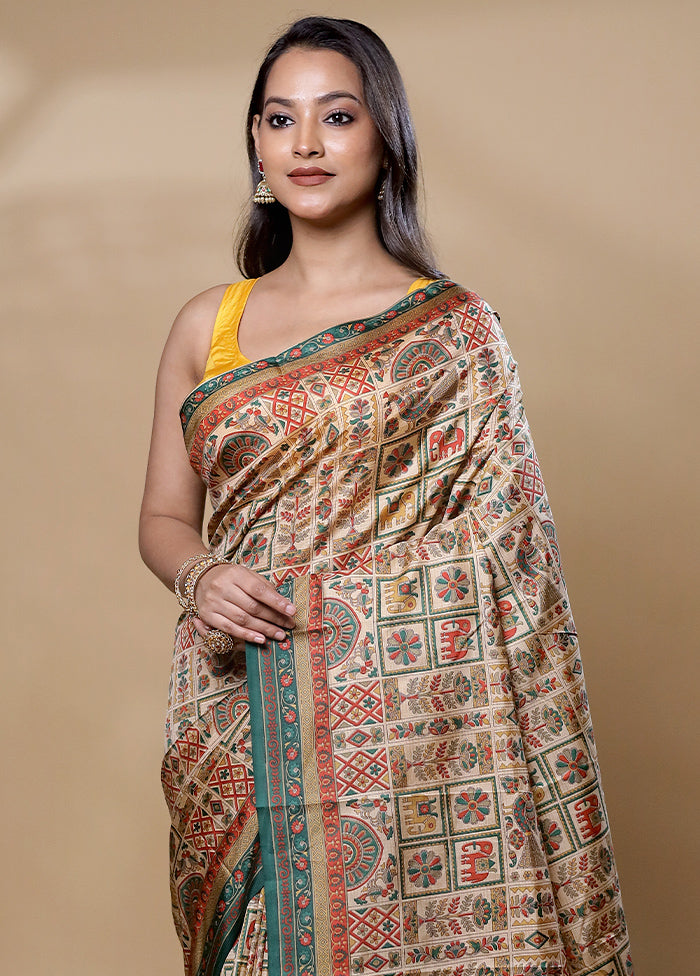 Cream Printed Pure Silk Saree Without Blouse Piece