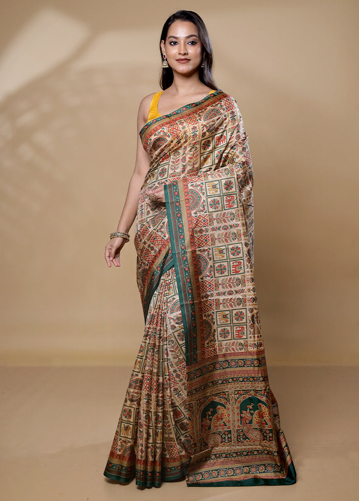 Cream Printed Pure Silk Saree Without Blouse Piece