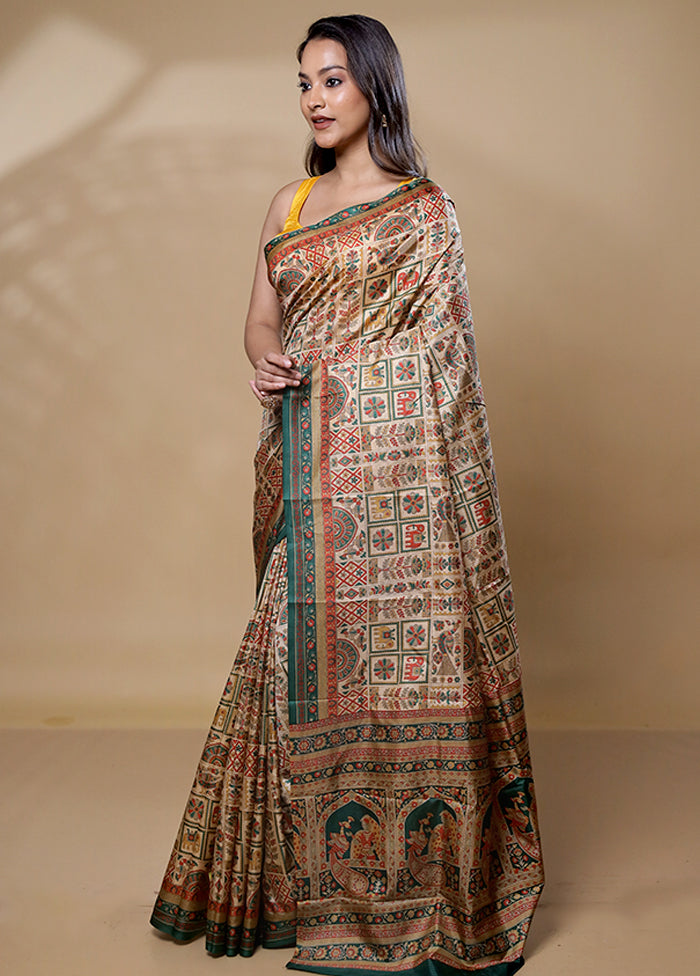 Cream Printed Pure Silk Saree Without Blouse Piece