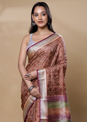 Brown Printed Pure Silk Saree Without Blouse Piece