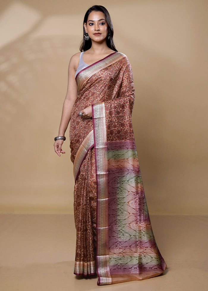 Brown Printed Pure Silk Saree Without Blouse Piece