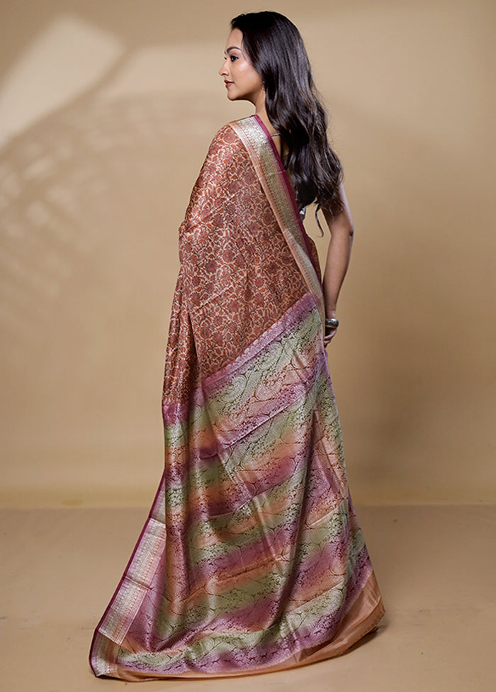 Brown Printed Pure Silk Saree Without Blouse Piece